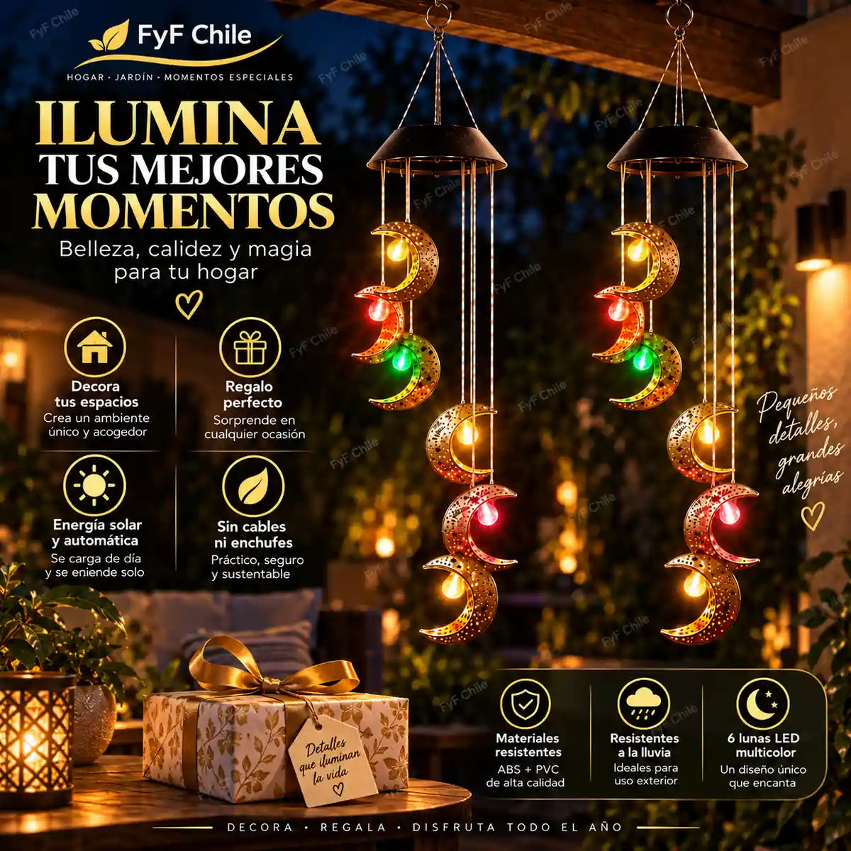 Campana de viento solar luna LED Pack x2 de 75 cm para decoración de jardín y regalo