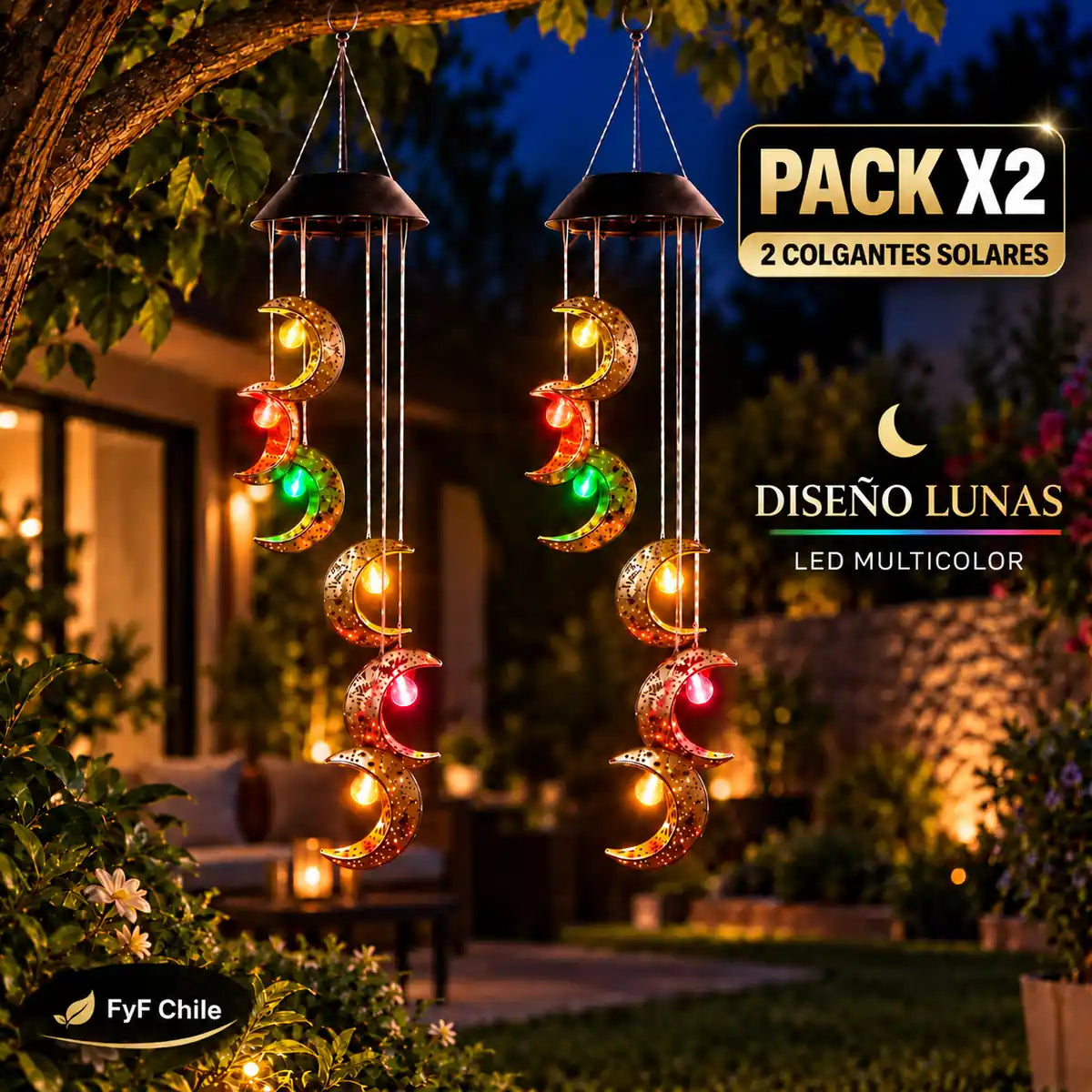 Campanas de viento solares luna LED multicolor Pack x2 con 2 colgantes de 6 lunas cada uno