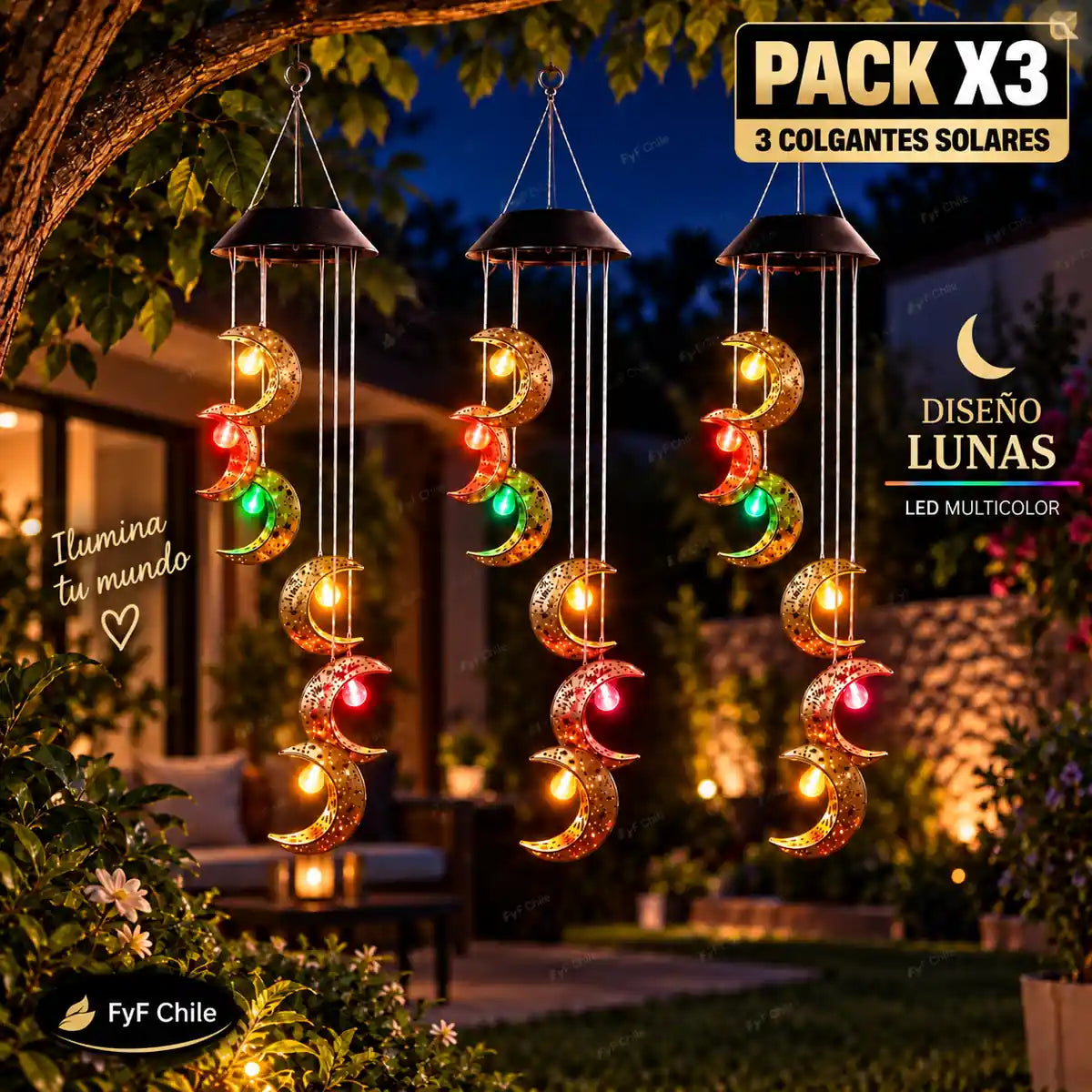 Campanas de viento solares luna LED multicolor Pack x3 con 3 colgantes de 6 lunas cada uno