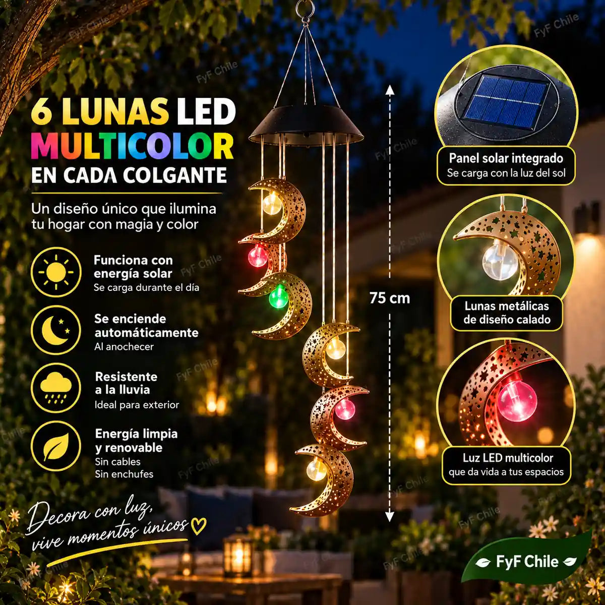 Campana de viento solar de 75 cm con 6 lunas LED multicolor y panel solar integrado
