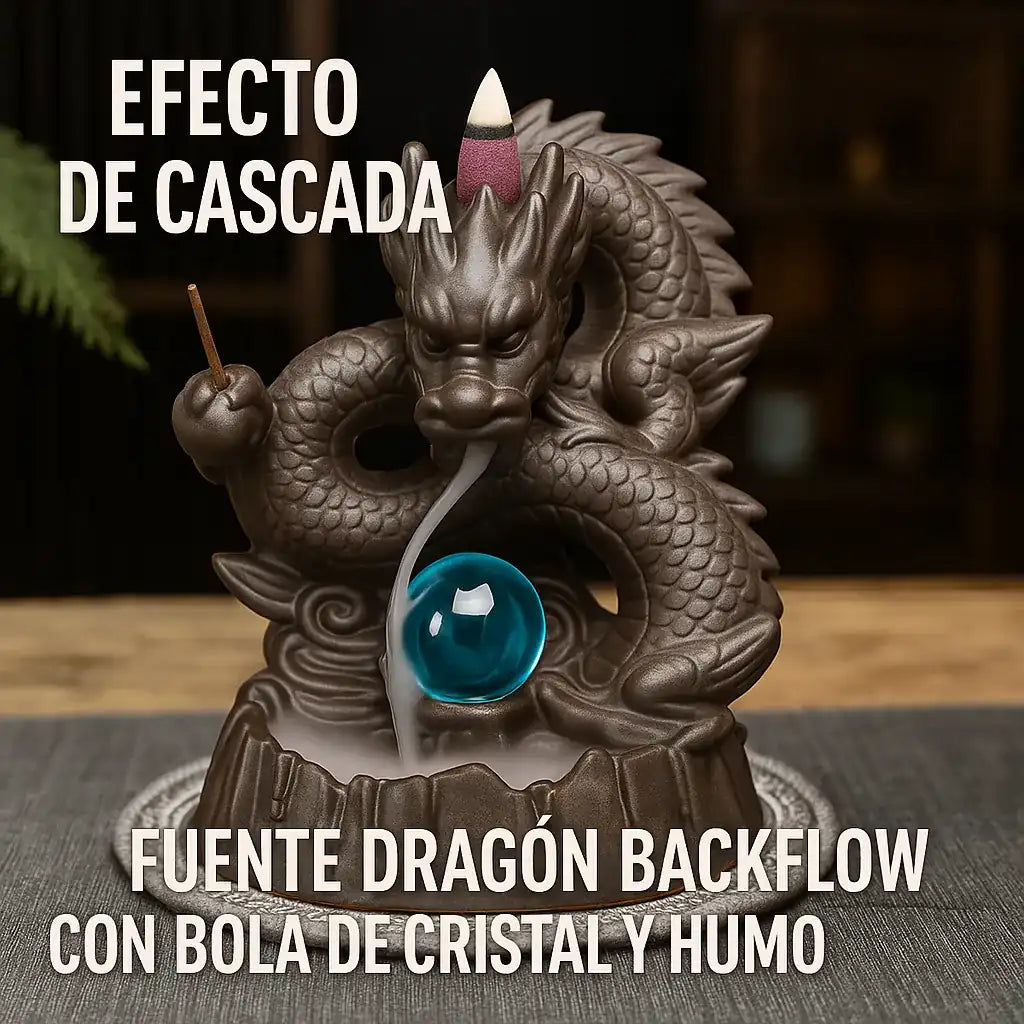 Fuente de incienso con forma de dragón, efecto cascada de humo y bola de cristal azul decorativa.