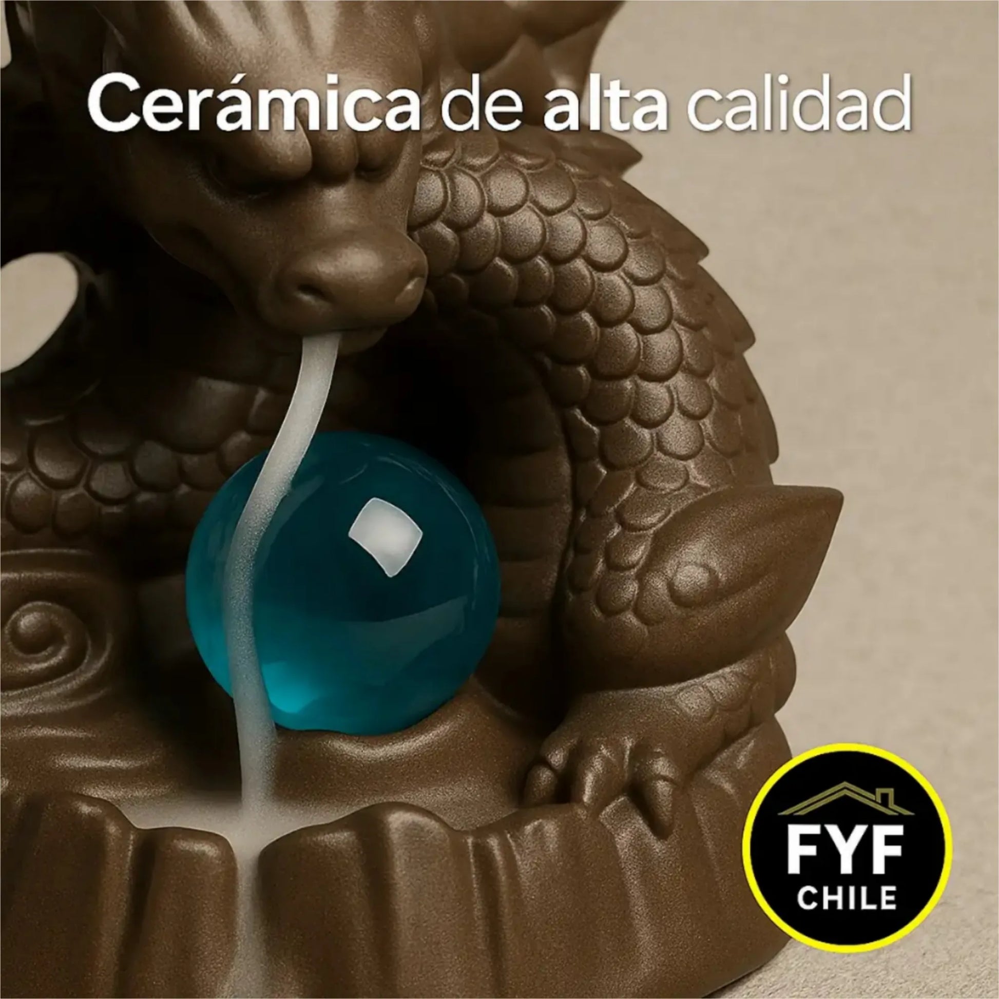 Detalle de cascada de humo dragón en cerámica de alta calidad con esfera de cristal decorativa