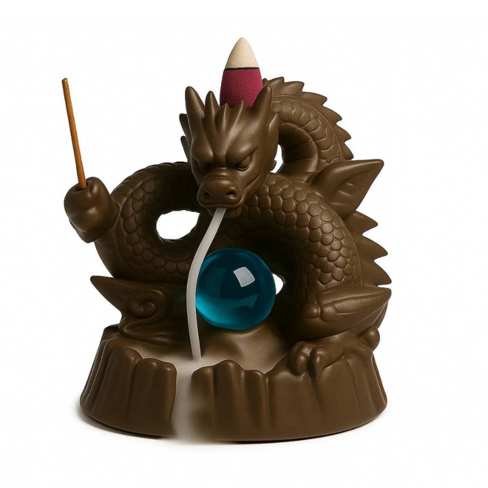 Cascada de humo dragón con esfera turquesa en cerámica, decoración zen para aromaterapia y regalo original