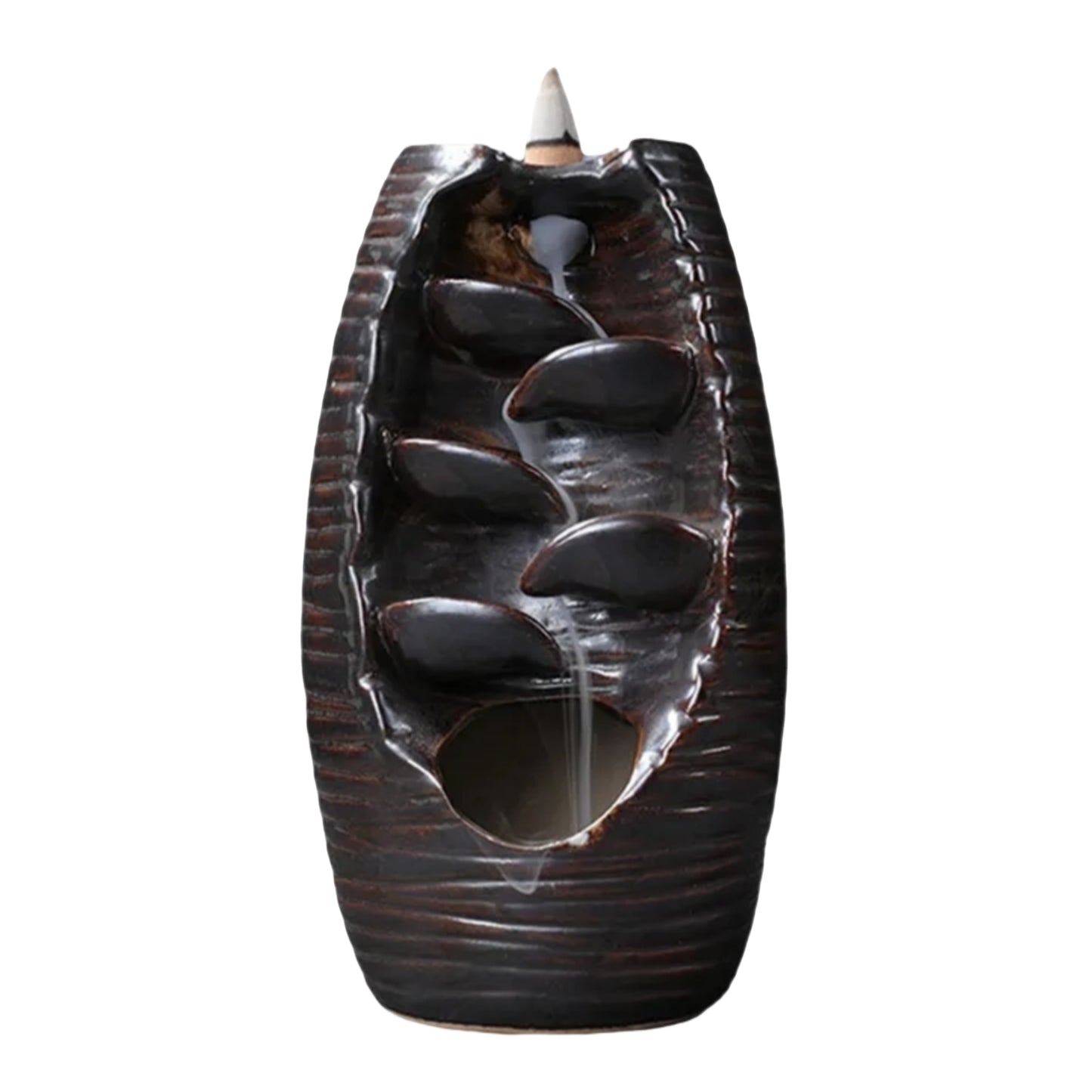 porta incienso cascada backflow de cerámica con humo descendente tipo fuente zen para aromaterapia y meditación en interiores