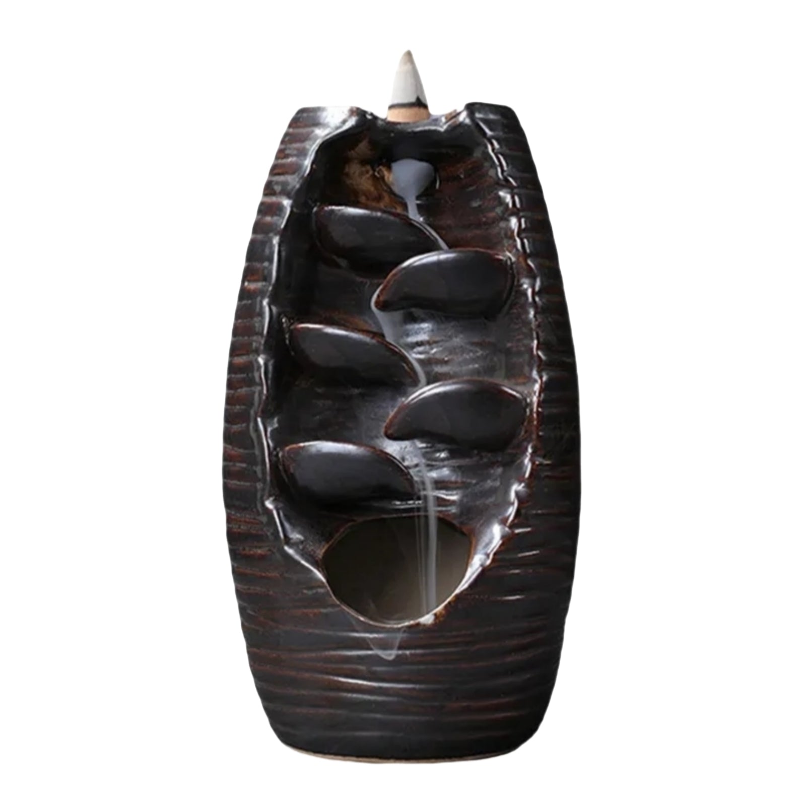 porta incienso cascada backflow de cerámica con humo descendente tipo fuente zen para aromaterapia y meditación en interiores