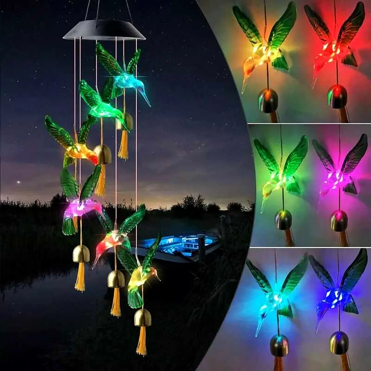 Colgante solar de colibríes LED multicolor con campanillas doradas iluminando de noche, ideal para jardín, terraza o balcón.