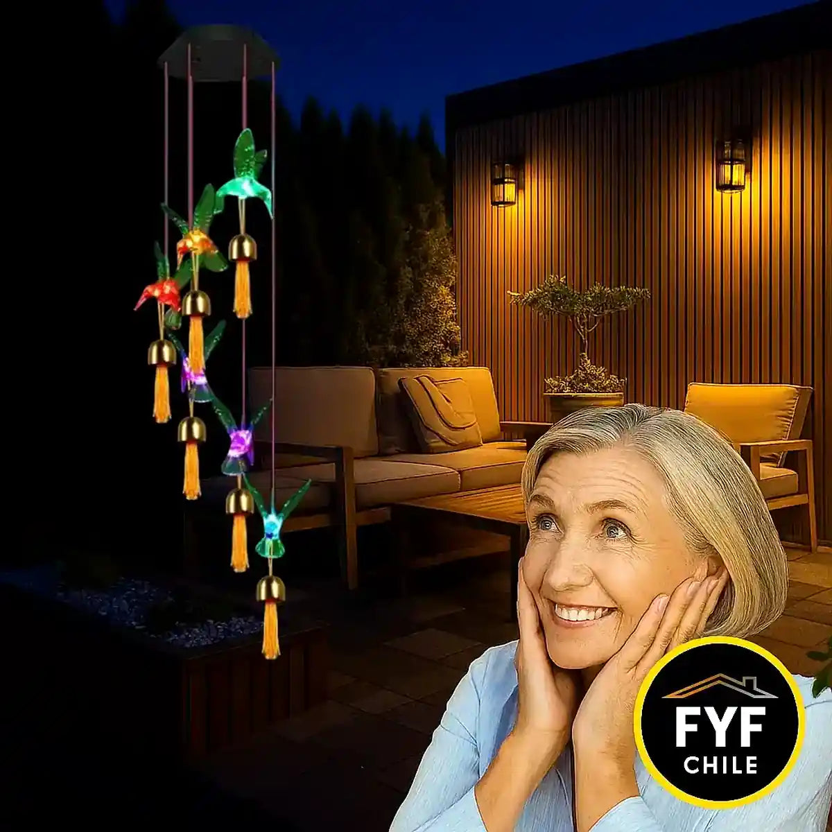 Colgante solar de colibríes LED multicolor para jardín, ideal como regalo emocional para mujer y decoración de terraza exterior.