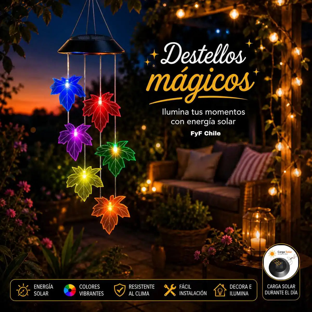 Colgante solar de hojas LED multicolor para jardín o terraza, ideal para decorar espacios exteriores con luz y energía solar.