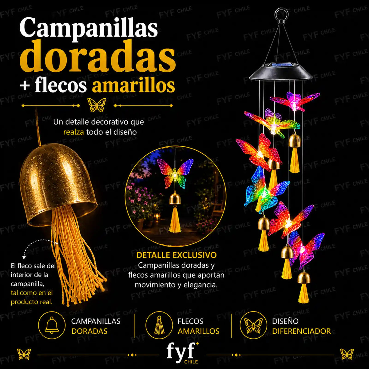 Colgante solar de mariposas LED multicolor con campanillas doradas y flecos amarillos