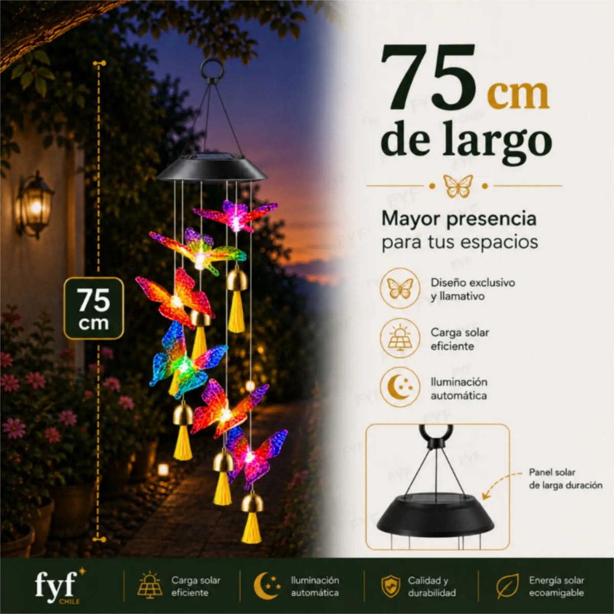 Colgante solar de mariposas LED multicolor de 75 cm con campanillas doradas y panel solar