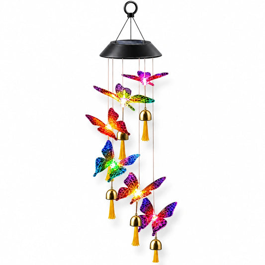 Colgante solar de mariposas LED multicolor con campanillas doradas de 75 cm