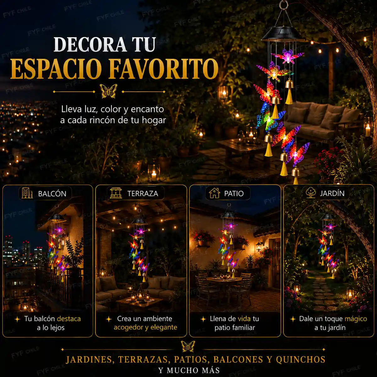 Colgante solar de mariposas LED multicolor decorando balcón, terraza, patio y jardín de noche