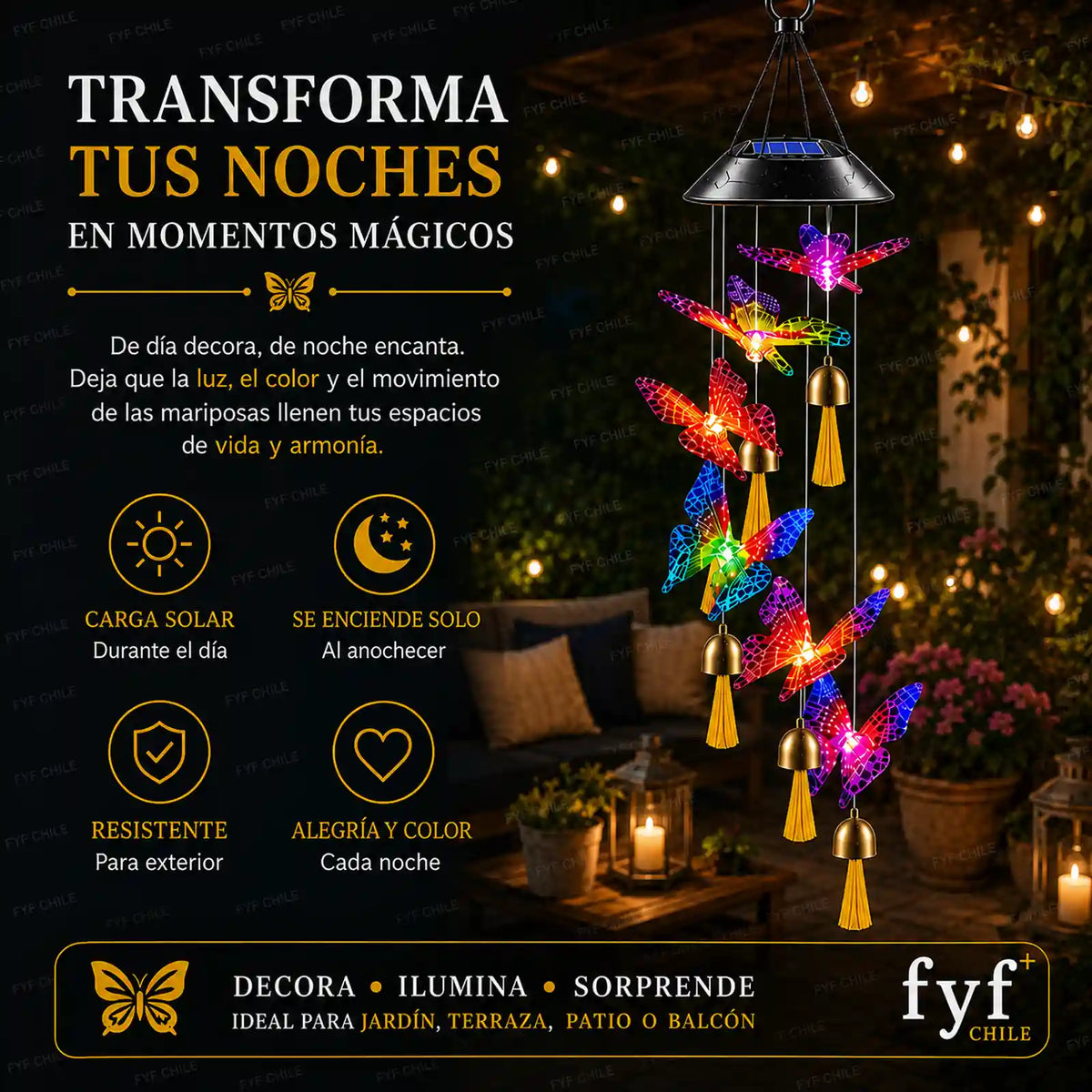 Colgante solar de mariposas LED multicolor con campanillas doradas y flecos amarillos para decorar jardín, terraza, patio o balcón.