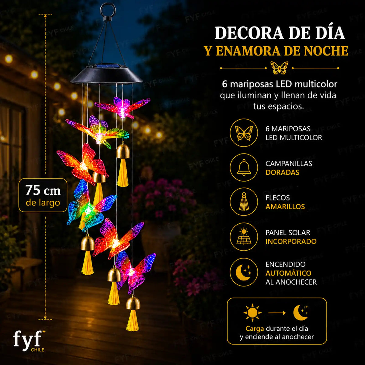 Colgante solar de mariposas LED multicolor de 75 cm con encendido automático al anochecer