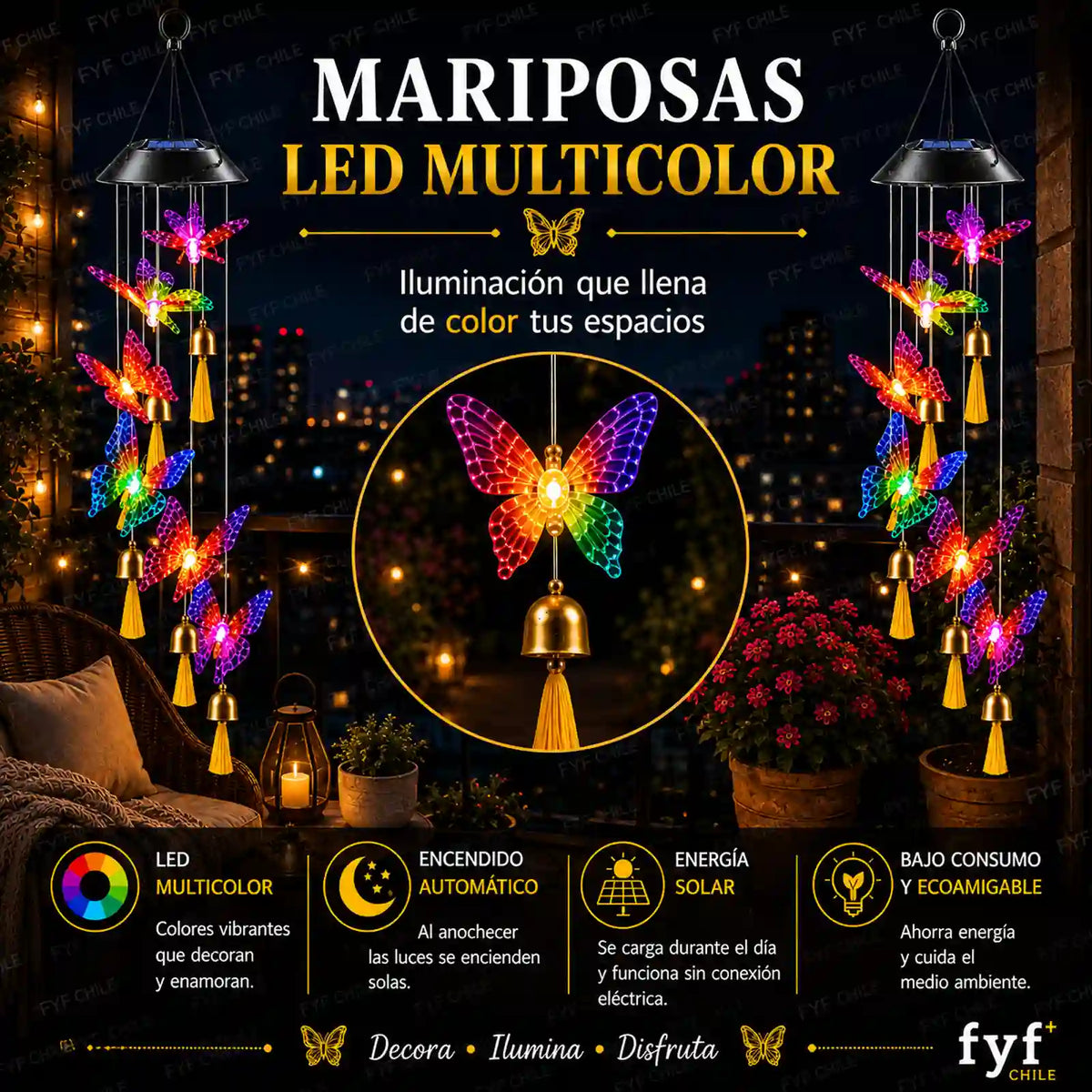 Colgante solar de mariposas LED multicolor con energía solar y encendido automático al anochecer