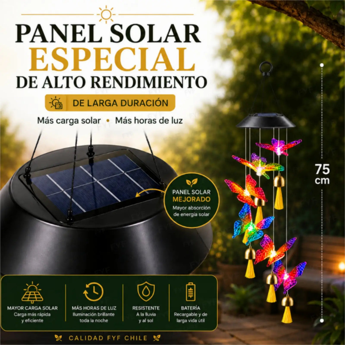 Colgante solar de mariposas LED multicolor de 75 cm con panel solar de larga duración, campanillas doradas y flecos amarillos.