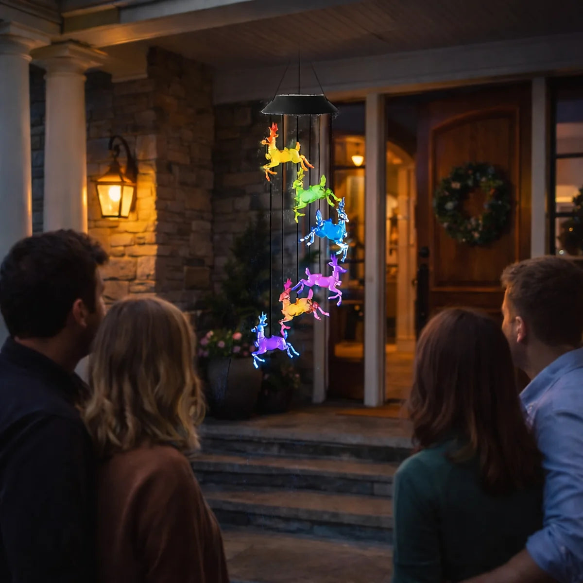 Colgante solar de renos LED multicolor en la entrada de una casa, sorprendiendo a las visitas con una iluminación decorativa nocturna