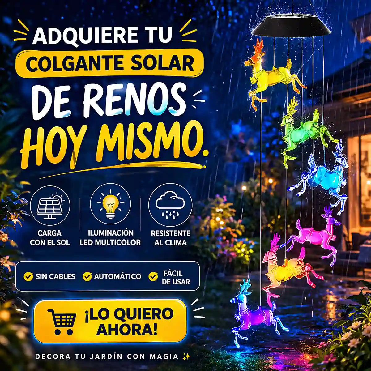 colgante solar de renos LED multicolor para jardín con llamado a compra y beneficios destacados