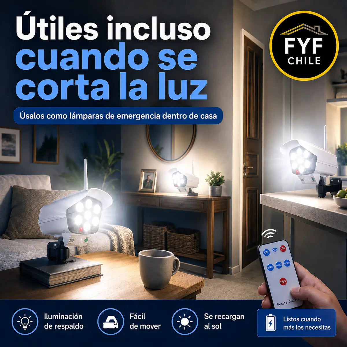 Focos solares como iluminación de emergencia en corte de luz para uso interior con control remoto