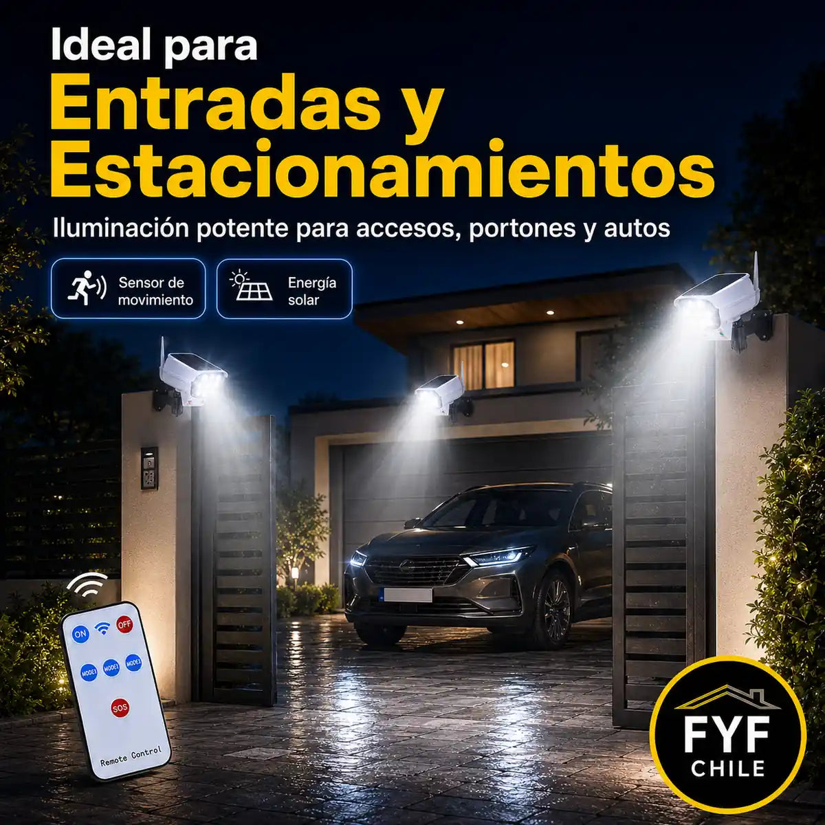 Focos solares para entradas y estacionamientos con sensor de movimiento para iluminación exterior nocturna