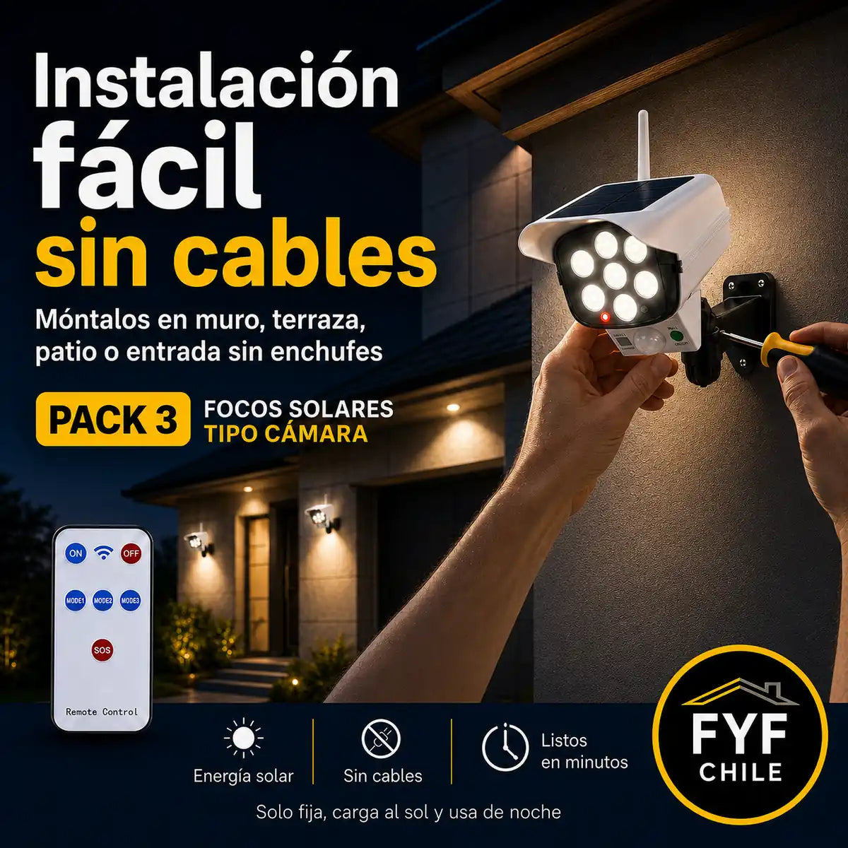 Focos solares tipo cámara con instalación fácil sin cables para muro terraza patio o entrada