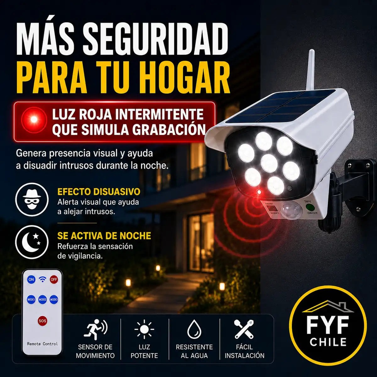 Foco solar tipo cámara con luz roja disuasiva y sensor de movimiento para seguridad del hogar