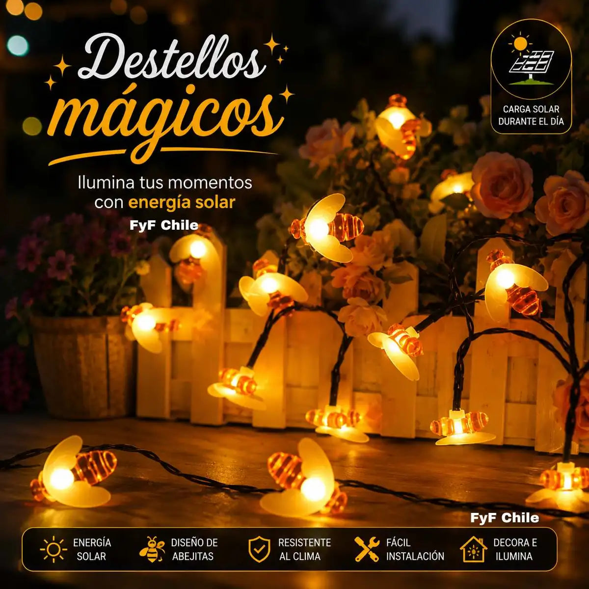 Guirnalda solar de abejitas LED decorativas para jardín, terraza y balcón con iluminación cálida alimentada por energía solar.
