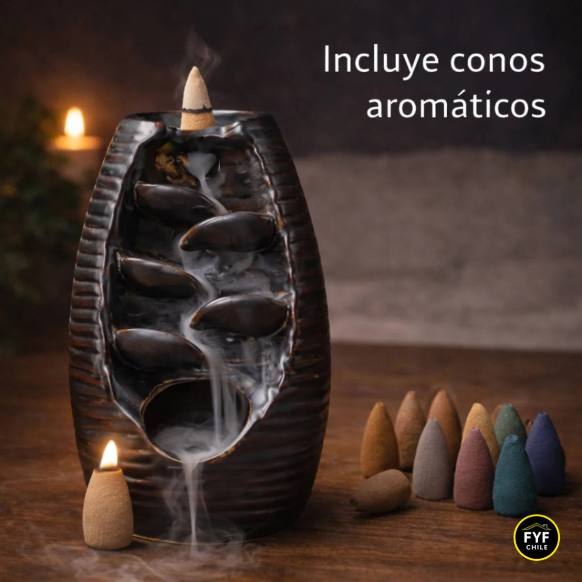 quemador de incienso cascada backflow con conos aromáticos incluidos listos para usar junto al porta incienso de cerámica en funcionamiento