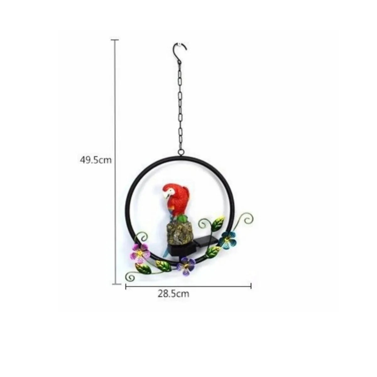 Lámpara solar decorativa de loro con aro metálico y flores, mostrando medidas de 49.5 cm de alto y 28.5 cm de ancho.