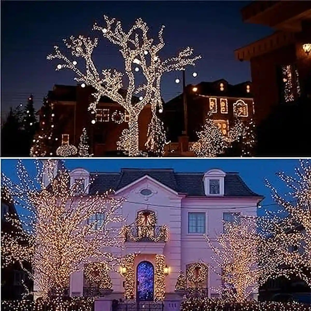 Luces solares decorativas en árboles y casa para Navidad con iluminación cálida exterior nocturna