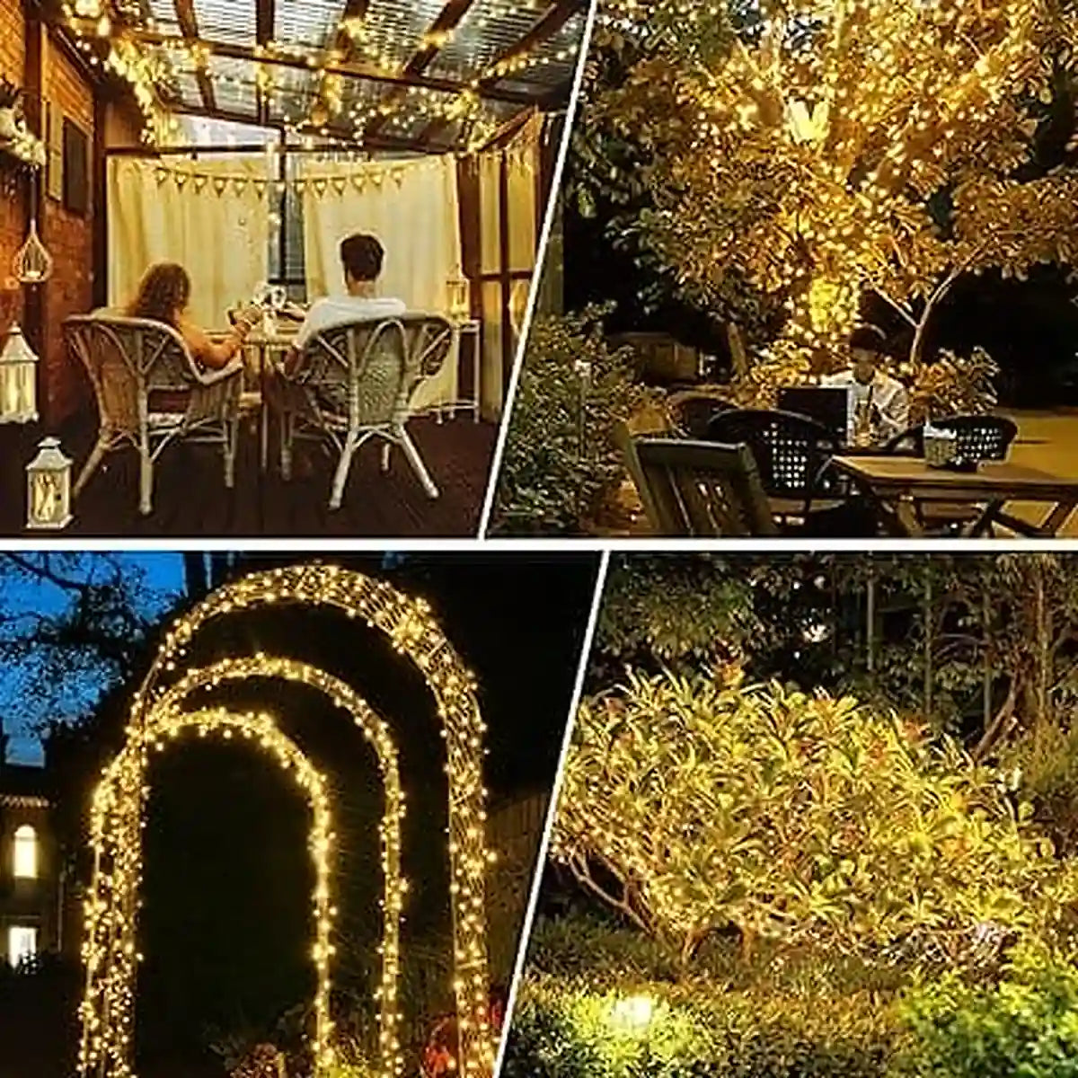 Luces solares de tira para jardín decorando pérgola, árboles, arco y arbustos durante la noche