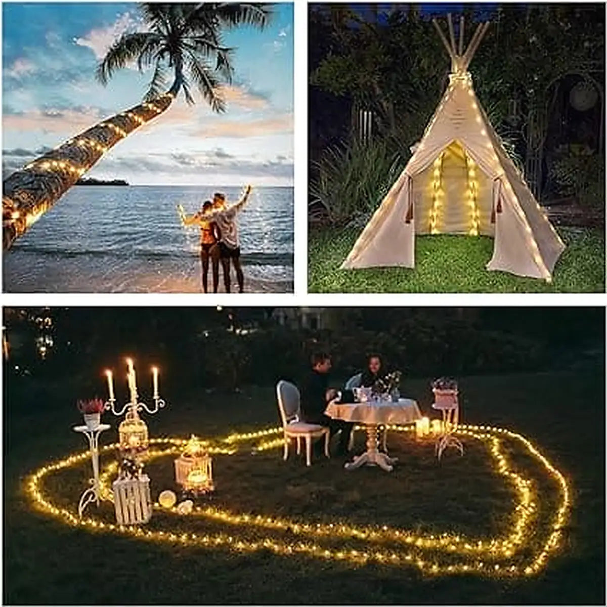 Luces solares decorativas para exterior iluminando palmera, carpa y cena romántica en jardín durante la noche