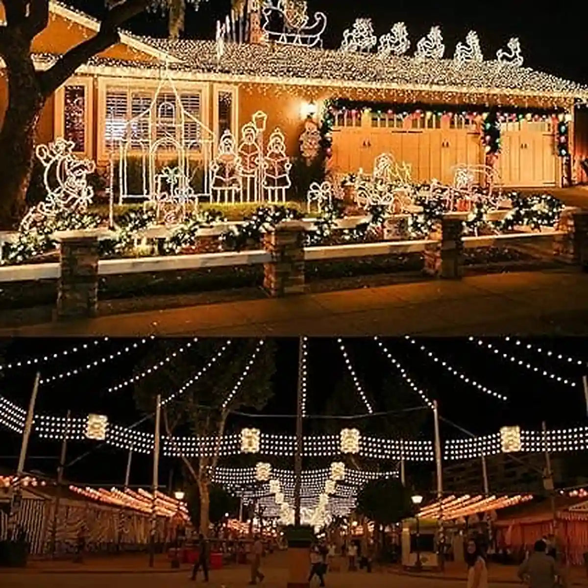 Luces solares decorativas en fachada navideña y evento nocturno con guirnaldas colgantes de luz cálida