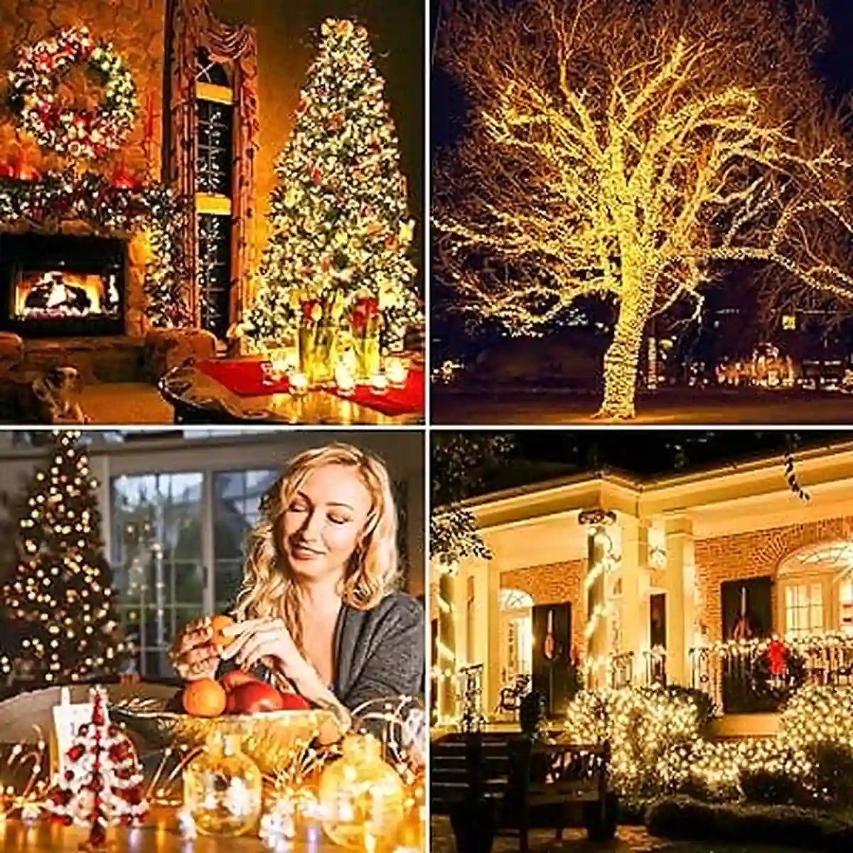 Luces solares decorativas para Navidad en interior y exterior con árbol iluminado, cena cálida y fachada de casa brillante