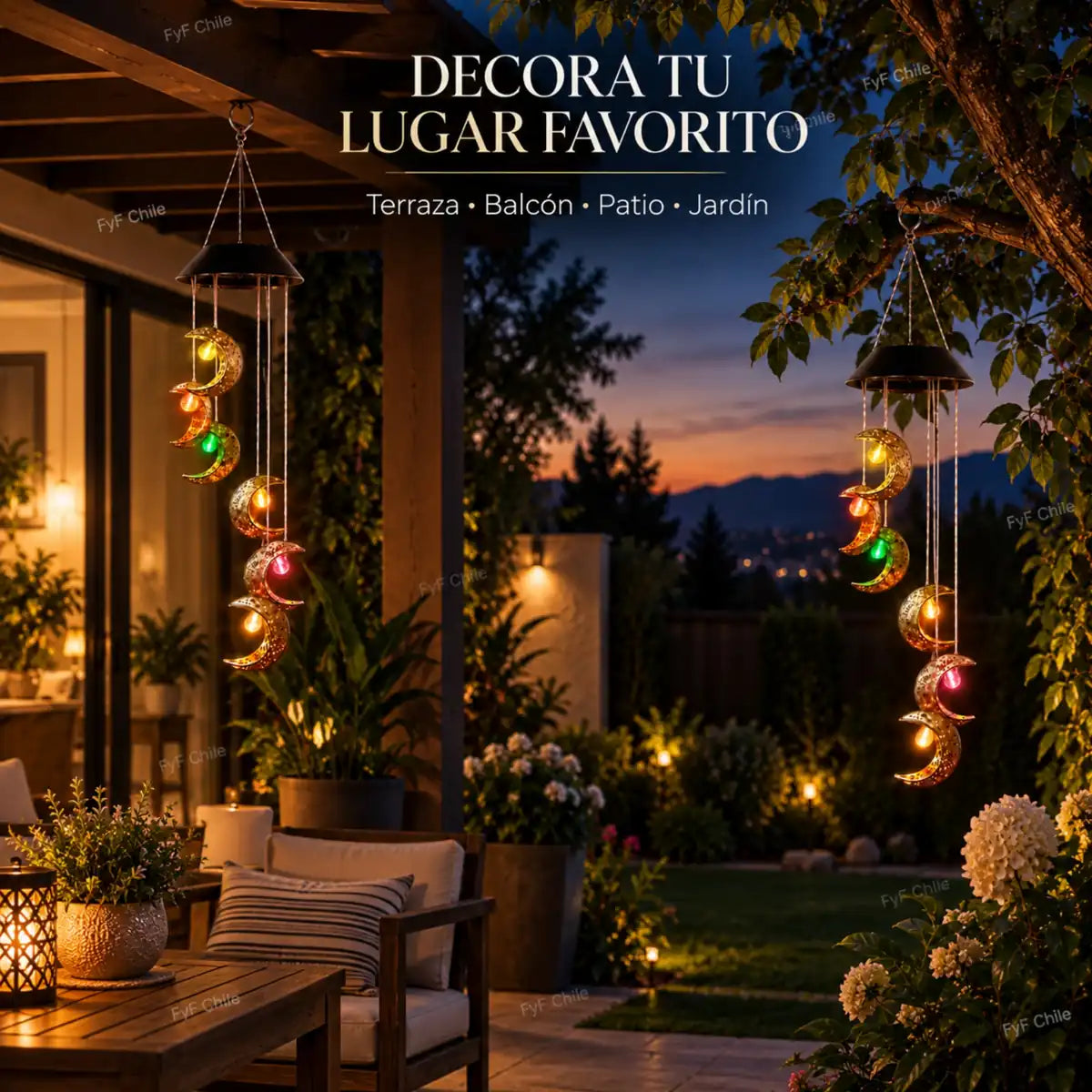 Luces solares para jardín con campanas de viento luna LED para terraza, balcón y patio