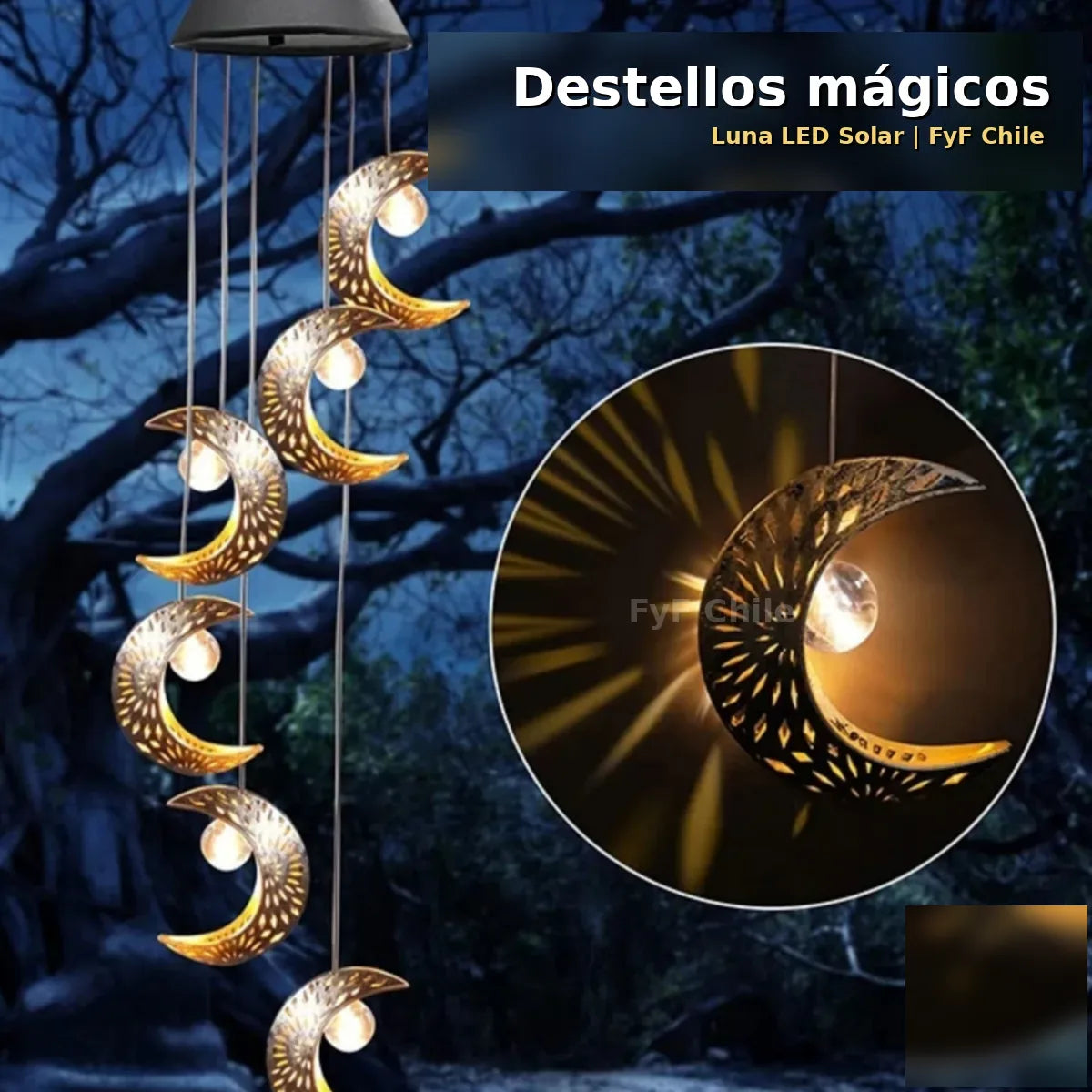 Colgante solar de 6 lunas LED para jardín con iluminación cálida decorativa y energía solar.