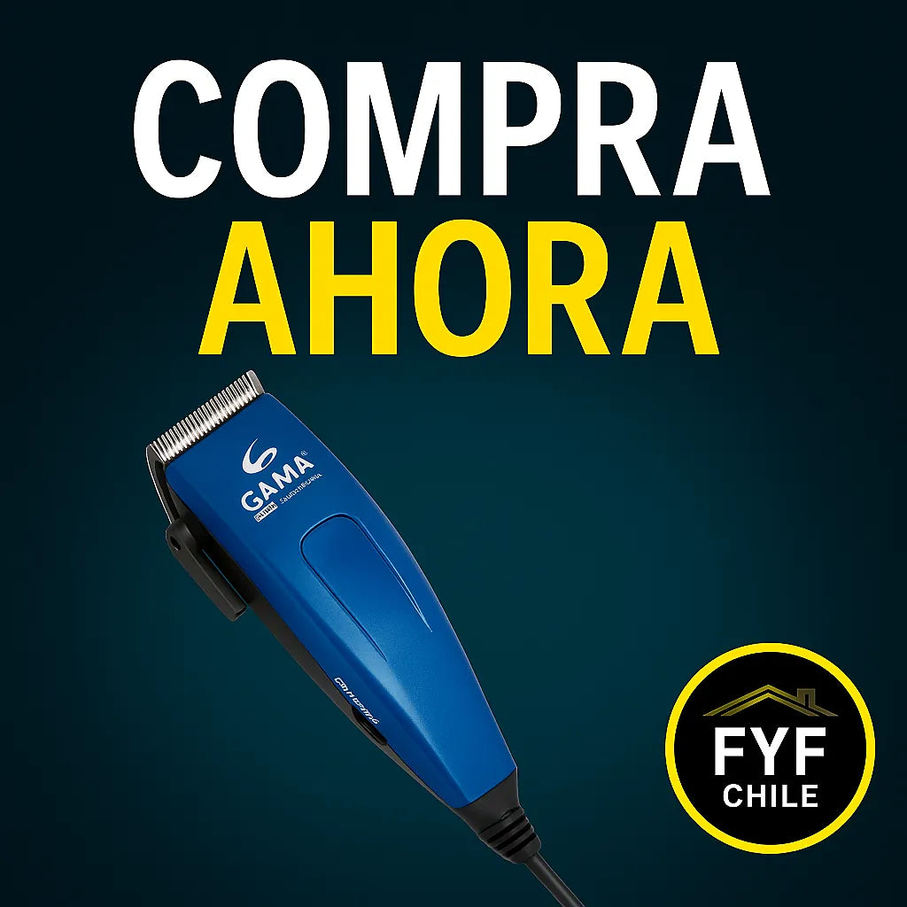Máquina para cortar pelo profesional GAMA GM-562 de color azul con llamado a la acción compra ahora y logo FyF Chile
