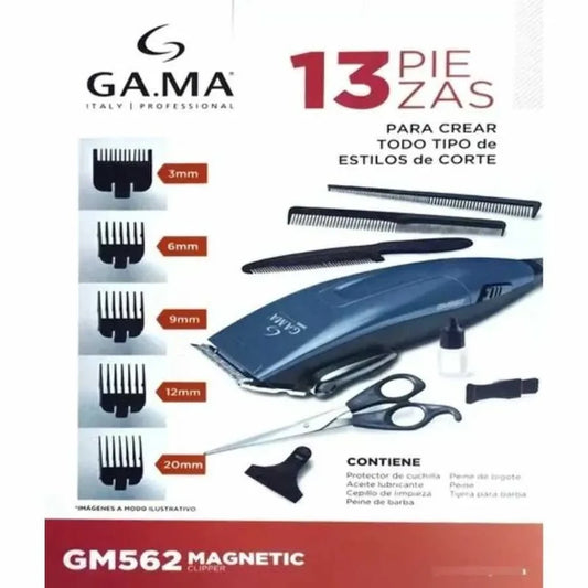 Máquina cortar pelo profesional GM-562 con kit completo de 13 piezas sobre fondo blanco