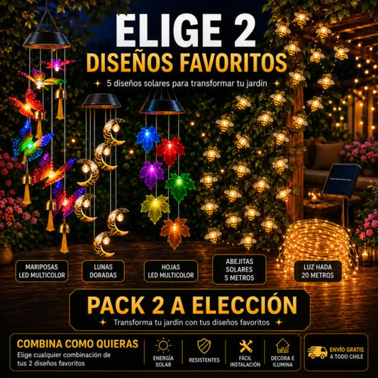 Pack 2 adornos solares a elección para jardín y terraza con mariposas LED, lunas solares, hojas multicolor, abejitas solares y luz hada de 20 metros.