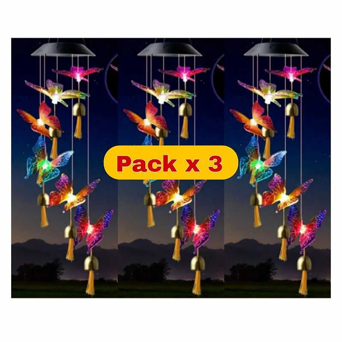 Pack de 3 colgantes solares de mariposas LED multicolor para jardín con iluminación decorativa nocturna