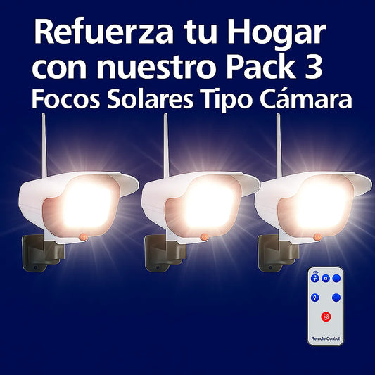 Pack de 3 focos solares tipo cámara con luz blanca potente y control remoto para exteriores, ideal para casa, patio o cabaña