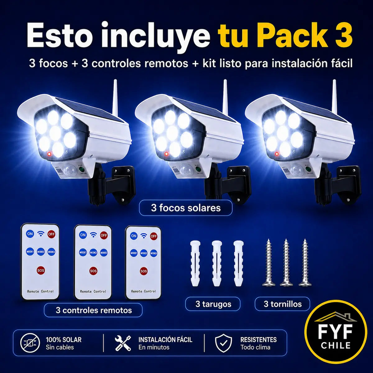 Pack de 3 focos solares tipo cámara con controles remotos tornillos y tarugos incluidos