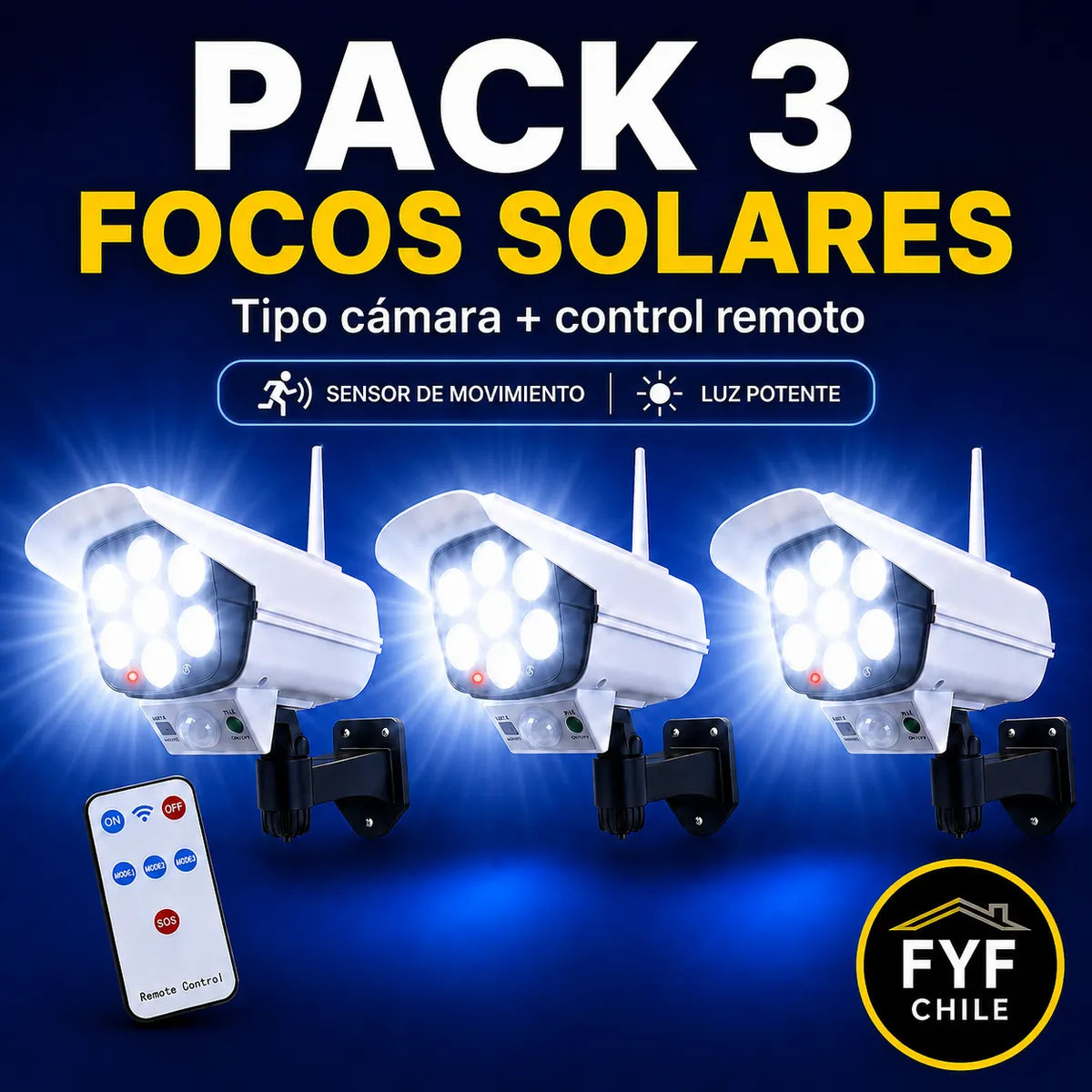 Pack de 3 focos solares tipo cámara con sensor de movimiento y control remoto para exterior