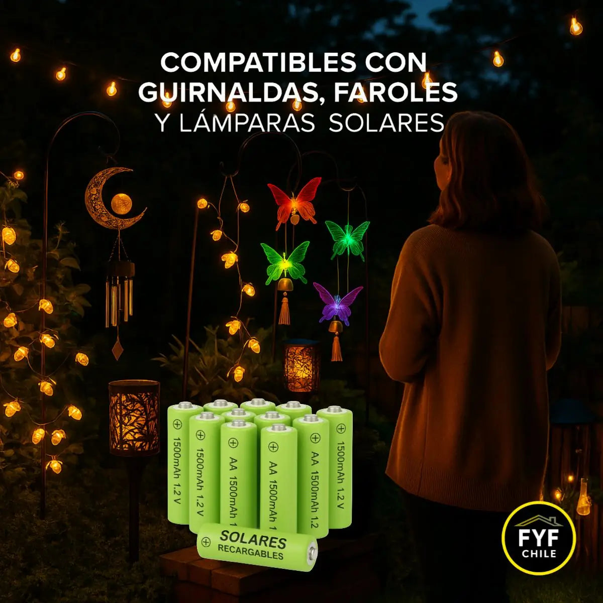 Pilas solares AA 1500mAh compatibles con luces solares de jardín, guirnaldas y colgantes