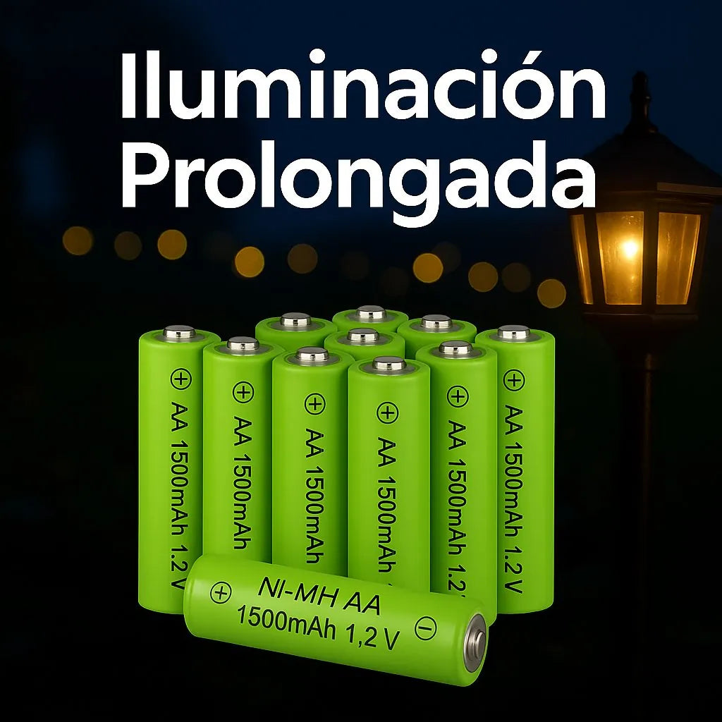 Pilas solares recargables AA 1500mAh – Iluminación prolongada para luces de jardín durante toda la noche.