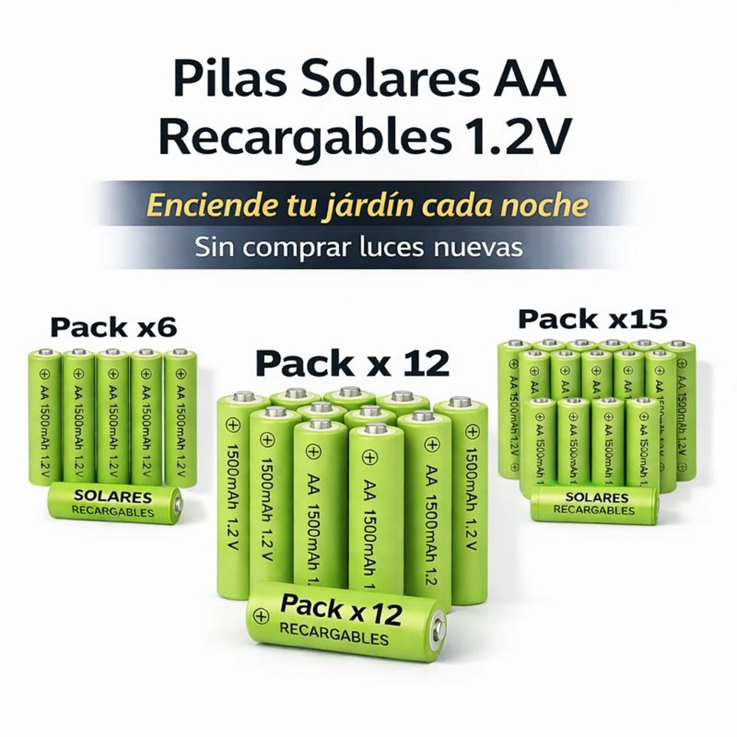Pilas solares AA 1500mAh recargables en packs x6, x9, x12 y x15 para luces solares