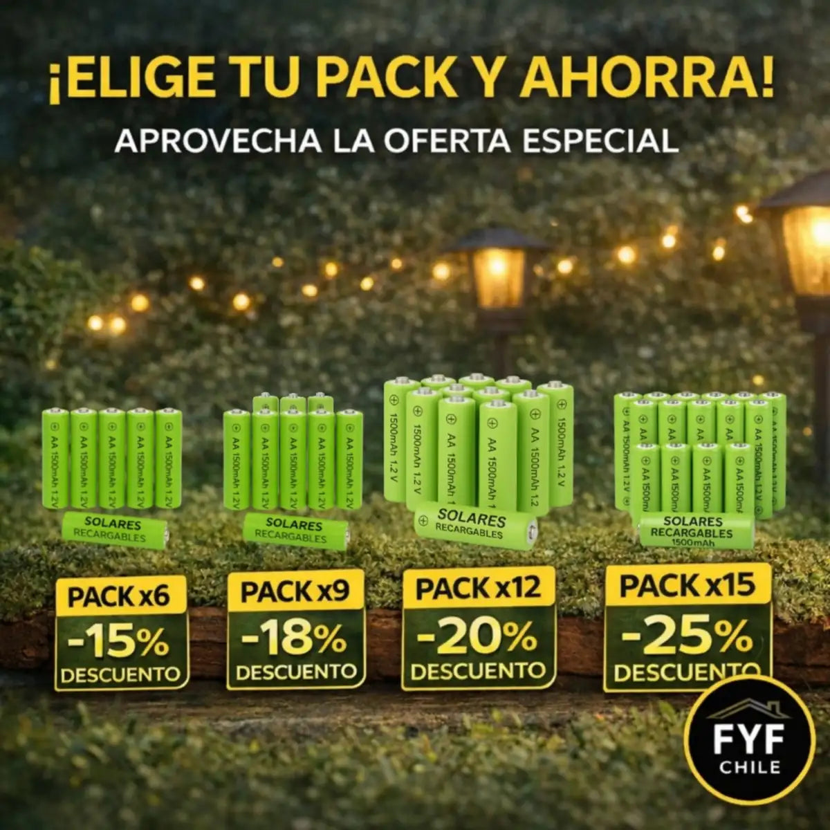 Comparación de packs x6, x9, x12 y x15 de pilas solares AA recargables