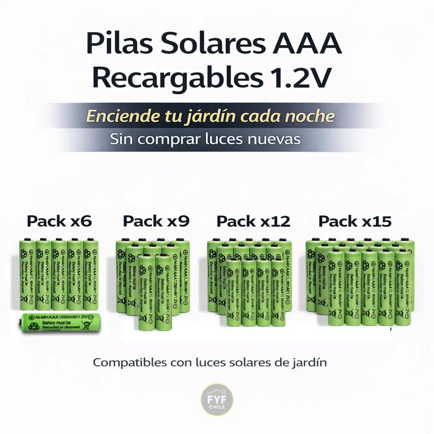 Pilas solares AAA 1200mAh recargables en packs x6, x9, x12 y x15 para luces solares