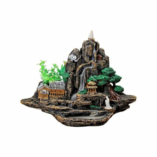 Porta incienso con diseño de montaña, casas asiáticas, árbol de la vida y figura meditando — cascada de humo decorativa estilo zen para aromaterapia y relajación.