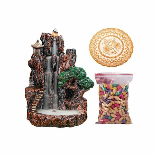 Porta incienso cascada de humo con diseño de montaña, incluye conos aromáticos y base decorativa zen para relajación.